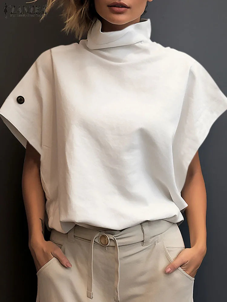 ZANZEA Frauen Stilvolle Tunika Tops Sommer Büro OL Shirts Kurzarm Elegante Arbeit Bluse Weibliche Rollkragen Blusas Mujer Oversize
