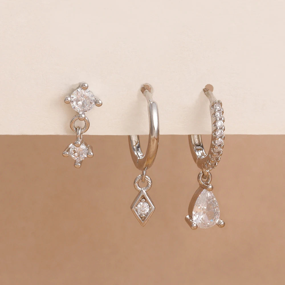 3PCS Neue Ankunft Französisch Design Edelstahl Kristall Mode Baumeln Ohrring Set Für Frauen Zirkon Anhänger Piercing Schmuck