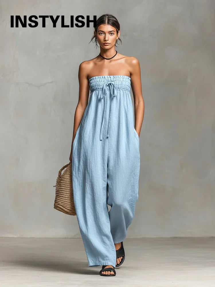 Damen Trägerloses Tube-Top Leinen-Jumpsuit mit Elastischem Gerafftem Oberteil, Sommerlicher Lässiger Ärmelloser Weiter Overall, Streetwear-Romper