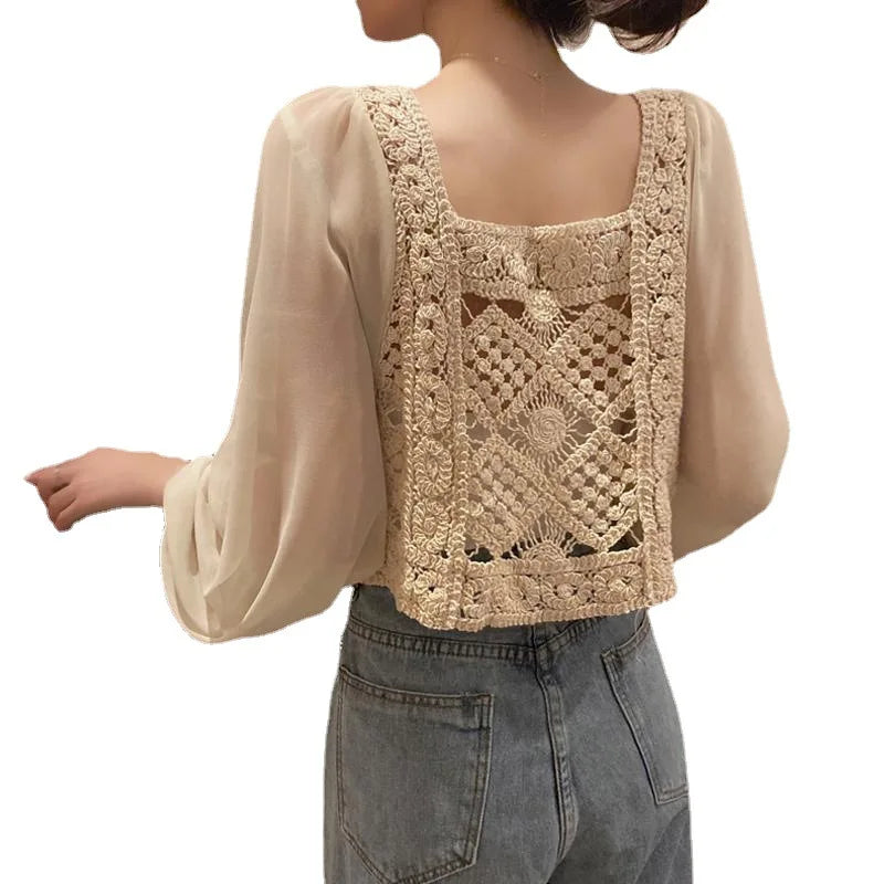 2026 Sommer Langarm Vintage National Trend Damenbekleidung Ausgehöhlte Spitze Patchwork Chiffon Hemden Damen Blusen Großhandel