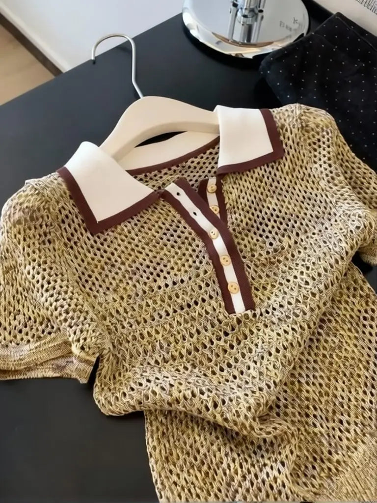 Vintage 2000er Jahre Glänzendes Strick-Kurzarmshirt Damen Polokragen Sommer-Tops Braun Ausgehöhltes Strickoberteil Damenbekleidung Lässiges T-Shirt