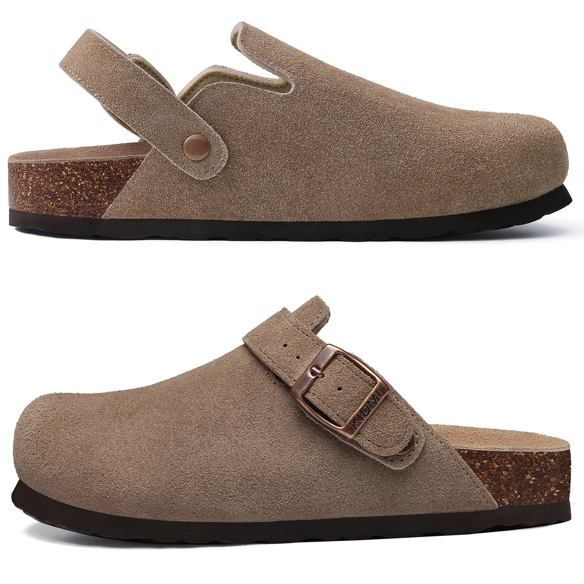 Litfun Neue modische Damen-Clogs mit verstellbarem Riemen, Korkfußbett, Leder-Pantoletten mit Fußgewölbeunterstützung, Unisex-Kartoffelschuhe für den Außenbereich