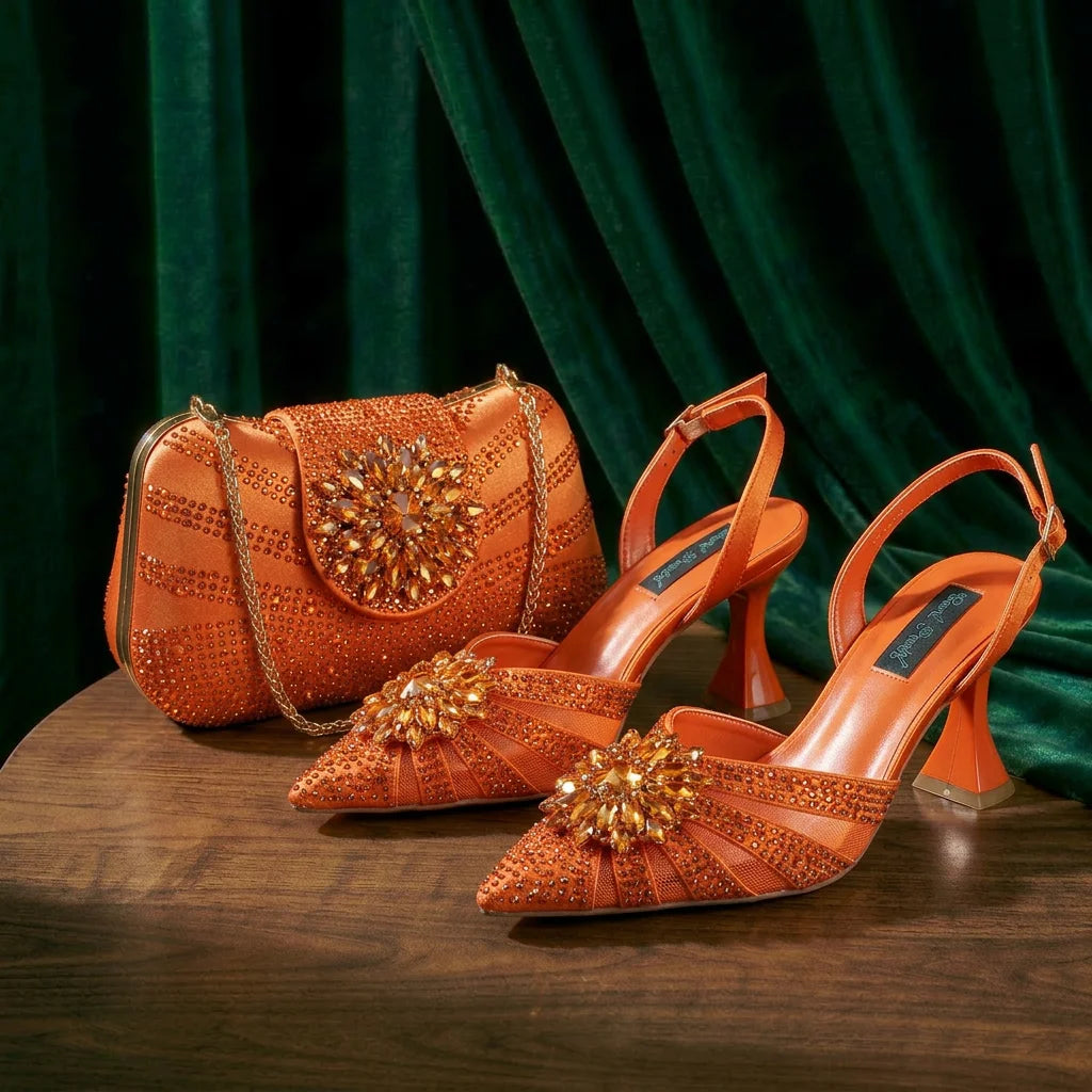 2026 Elegante grüne Strass-Slingback-Absätze für Damen & passendes Handtaschen-Set – Komfort inklusive – Stylische Schuhe mit spitzer Zehenpartie
