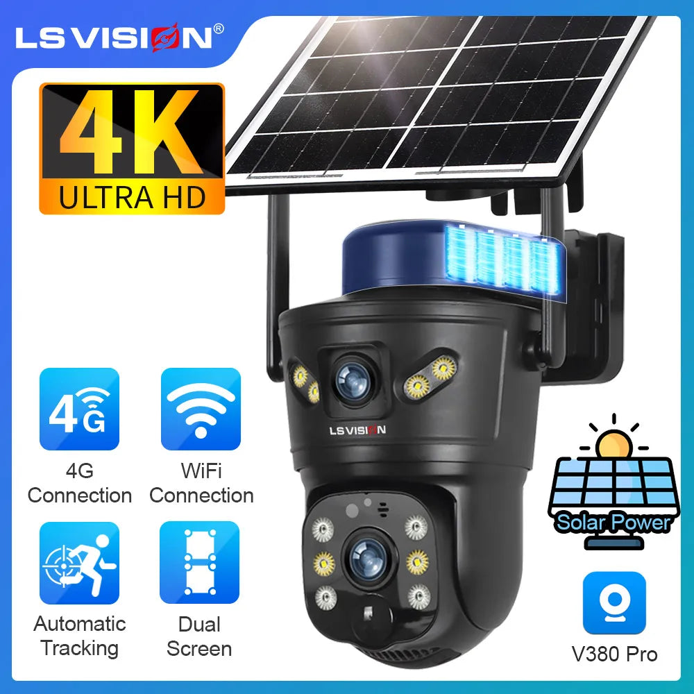 LS VISION 4K 8MP Dual Screens Solar-Überwachungskamera für den Außenbereich, 4G/WiFi Dual Lens PTZ Human Auto Tracking CCTV-Kameras V380 Pro App