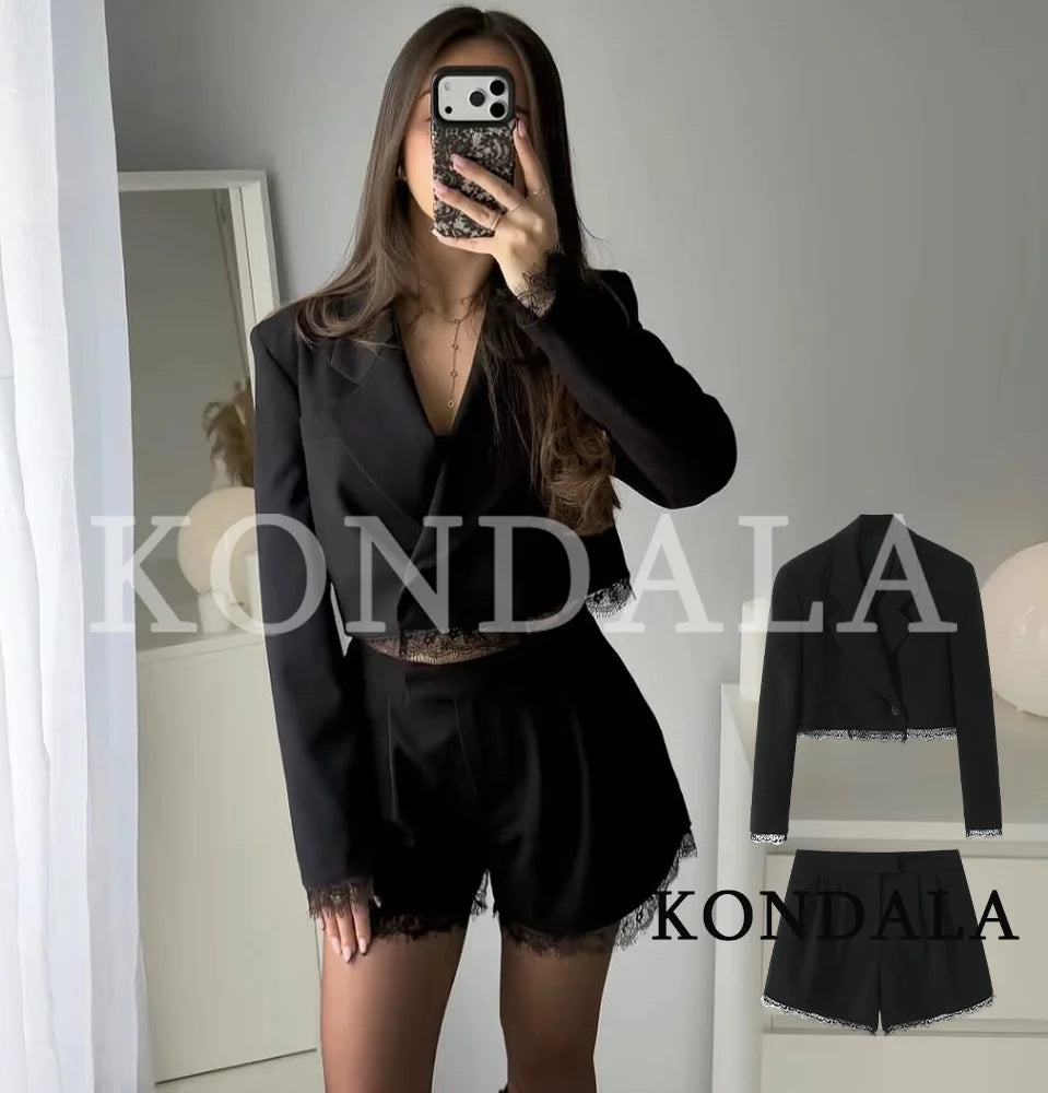 KONDALA Damen Trendiges Spitzen-Blazer-Set Schwarzer Kurzblazer mit Revers und Taschen Shorts Neue Mode 2026 Frühling Sommer Party Büro Damen-Set