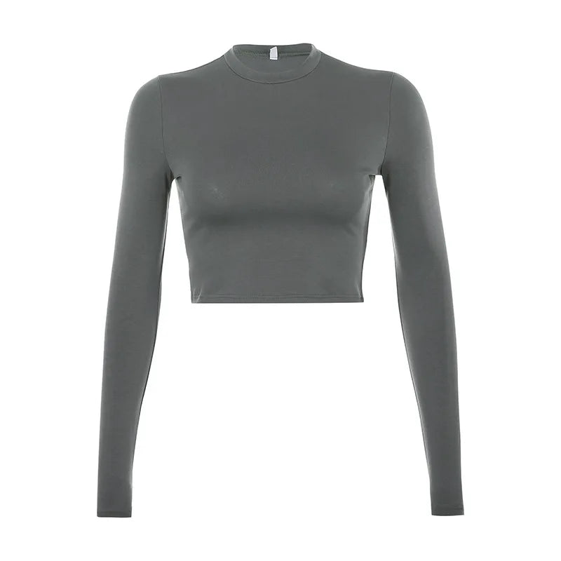 Solide Grund Langarm Damen T-shirt Casual Schwarz Weiß Mode Crop Top T Shirt Damen Mode Koreanische T-shirt
