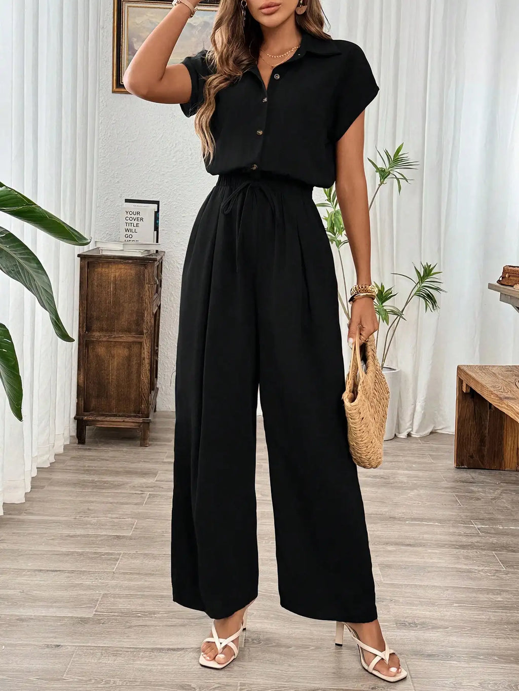 Damen Frühling Sommer Herbst Einfarbiger Basic Weitbein-Jumpsuit