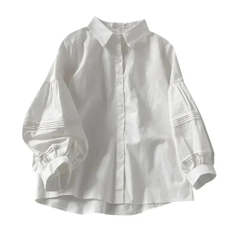 2024 Puff ärmel Hemden Frauen weiß umdrehen Kragen adrette Sinn für Design schicke weibliche Tops koreanische Mode einfache Sommer bluse