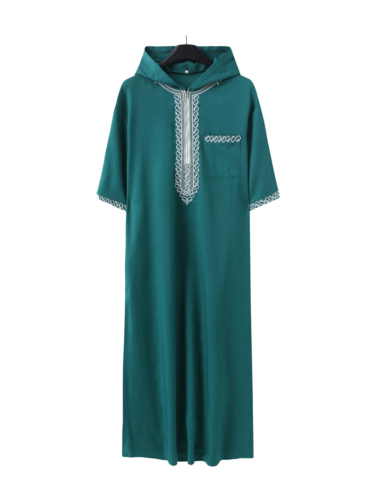 Kurzärmeliger, bestickter muslimischer Thobe mit Kapuze und Taschen, im lässigen arabischen Stil, traditionelle Gandoura-Gebets- und Festtagskleidung für Herren