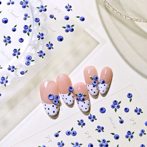 1 Stück Niedliche Blaubeer-Muster Nagelaufkleber Süße Blaue Früchte & Weiße Schleife Selbstklebende Nagelsticker Sommer DIY Maniküre Zubehör