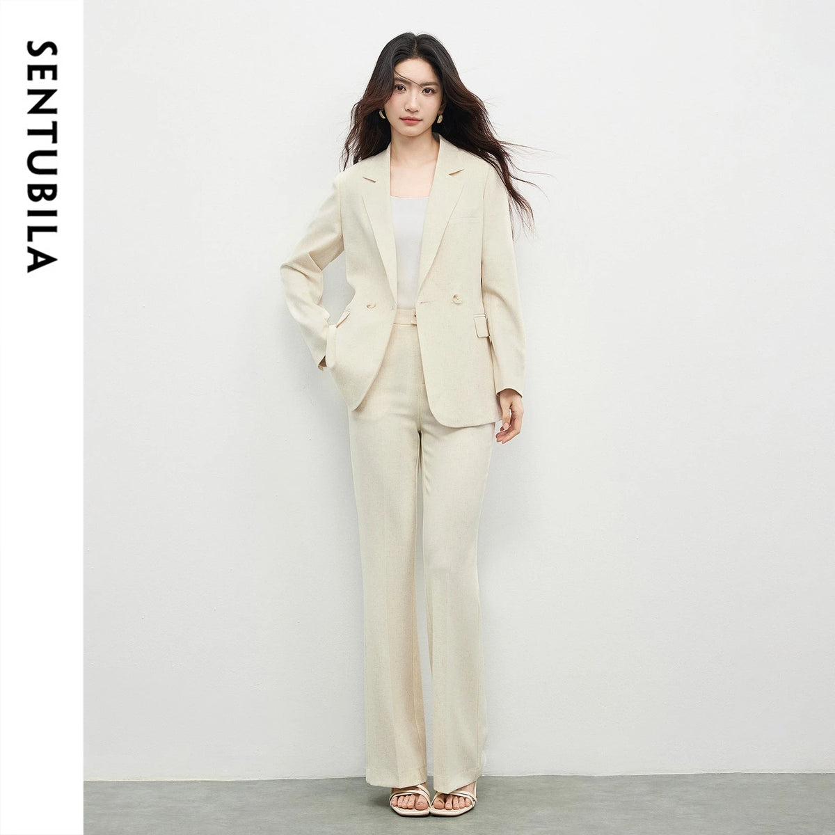 SENTUBILA Leinenmischung Damen-Blazer-Anzug-Set mit Reverskragen und Schlaghose 2026 Büro-Outfits Damenkleidung 161ZA4991