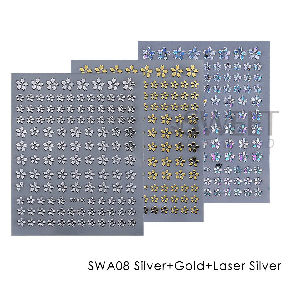 2/3 Stück holografische Sakura-Blumen-Nagelaufkleber, Kirschblütenblatt-Design, Silber, Gold, Blumenmuster, Sommer-Klebeaufkleber, Maniküre-Spitze