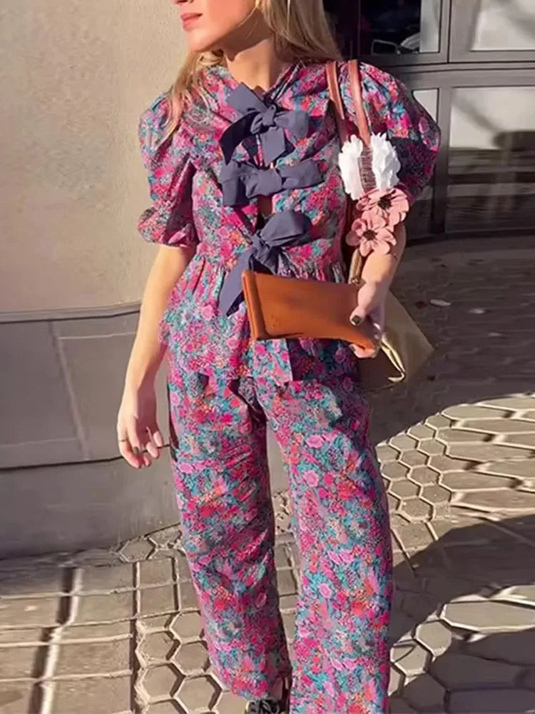 2024 Damen-Freizeithosen-Set, lila Druck, weites Bein, Hosen + Schleife, Schnürung, kurze Ärmel, Strickjacke, Hemden, Textur, Y2k-Sommeranzug