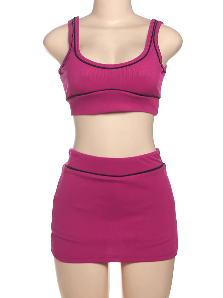 Nibber Skinny geripptes 2-teiliges Set für Damen, schwarze String, rückenfreie Tanktops + seitlich geteilte Shorts, Rock, 2022, Sommertrend, passende Anzüge