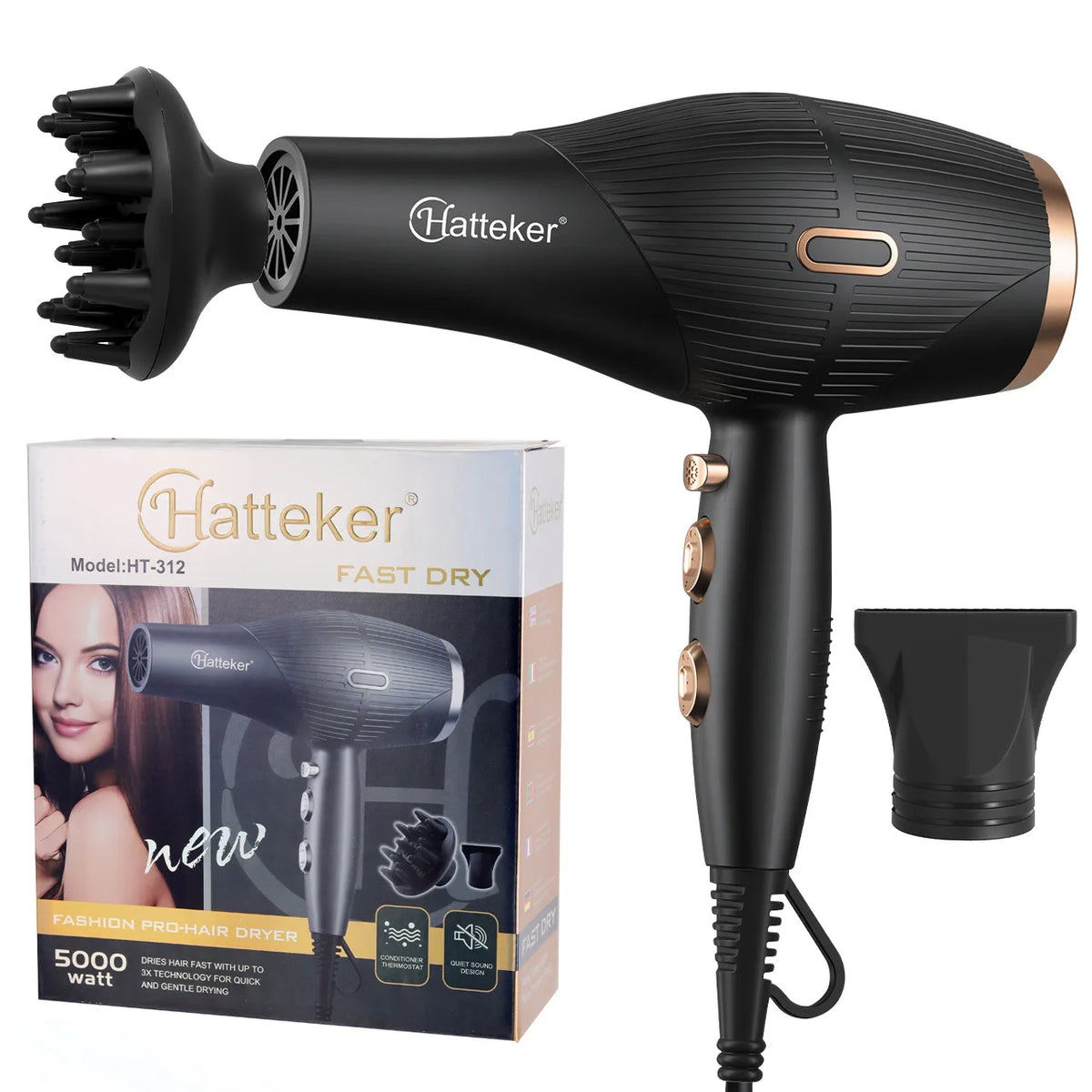 Hatteker Hochleistungs-Haartrockner für den Heim- und Salongebrauch mit Kalt- und Heißluft, großer Luftstrom, elektrischer Föhn, Haartrockner.