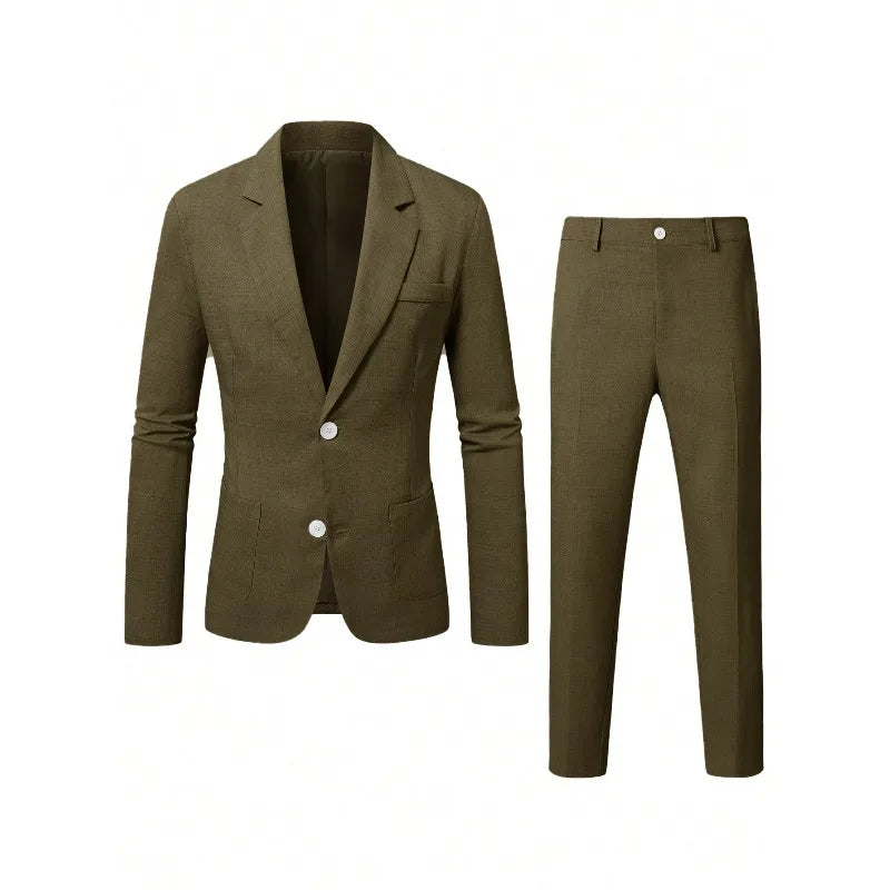 KIDWHXR Herren 2-teiliges Hochzeits-Set Koreanischer Einfarbiger Einreihiger Blazer mit Taschen Gerade Geschnittene Hose Schlanker Casual Anzug Outfit