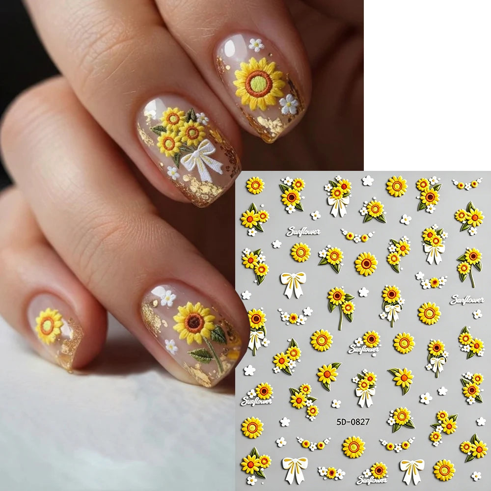 1 Stück 5D Geprägter Sonnenblumen-Nagelaufkleber Weißes Schleifenband Gelbe Gänseblümchen Blumengirlande Nagelsticker DIY Frühling Sommer Maniküre Deko