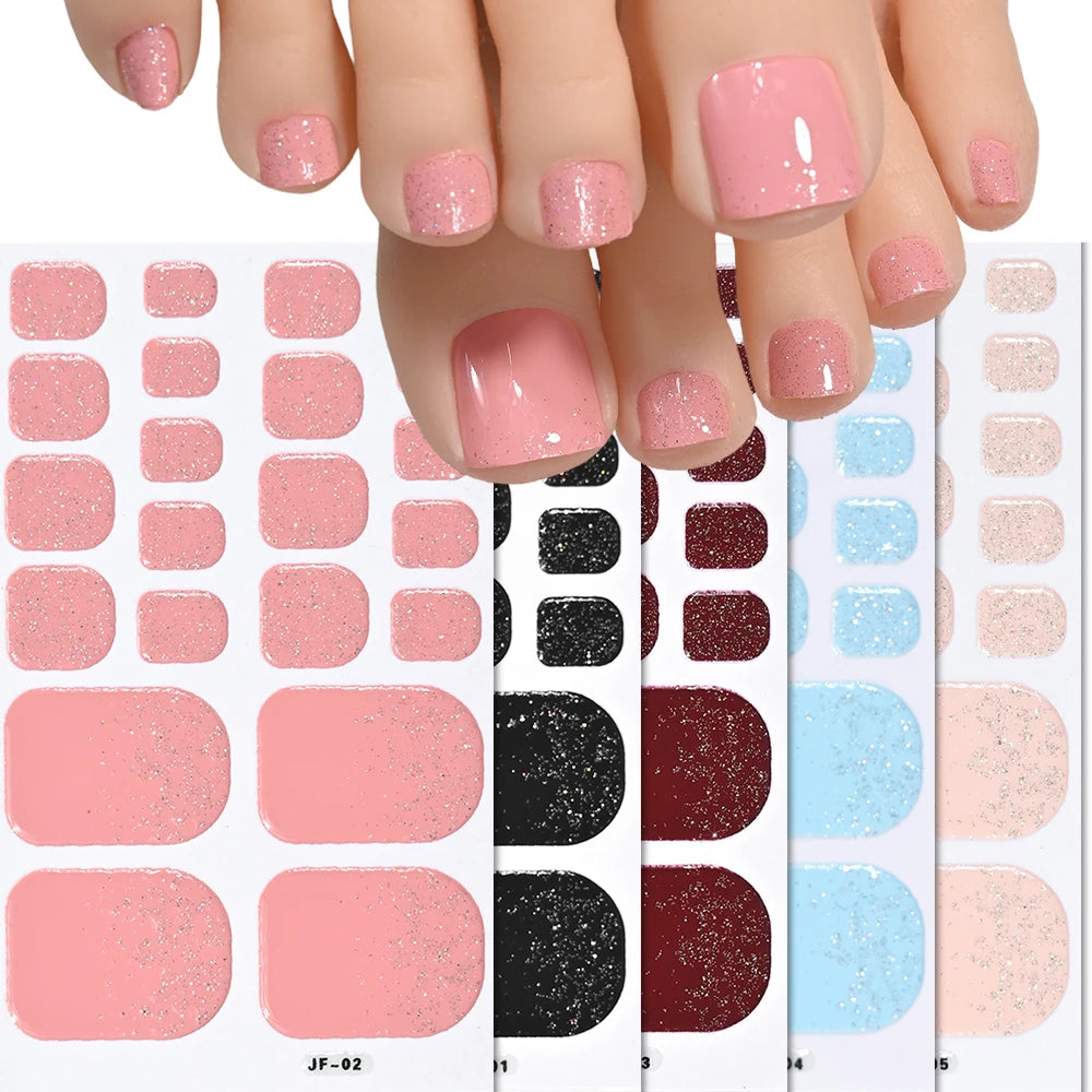 22 Tipps Glitzer Zehennagel Aufkleber Wraps selbstklebende Abziehbilder Zehennagellack Streifen Patch Frauen einfarbig volle Abdeckung DIY Fußschieber