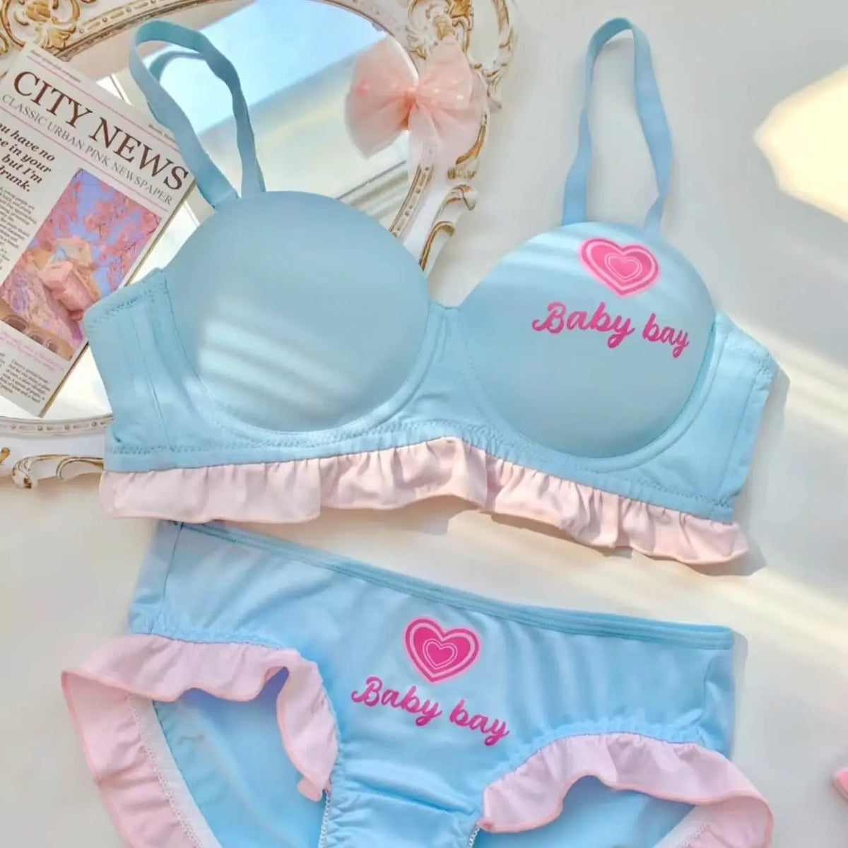 Kawaii Lolita Dessous Set Push-Up-BH, kabelloses gepolstertes Bralette für kleine Brust, süßes BH- und Höschenset im Barbie-Puppenstil MOYISU