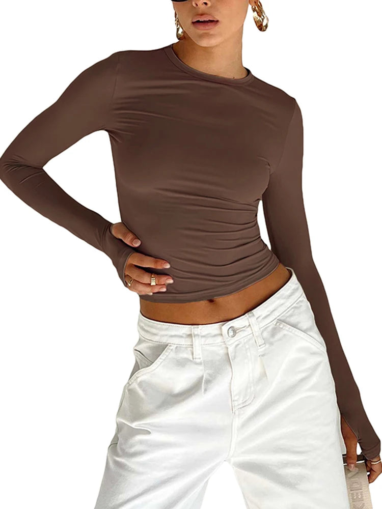 Modisches Damen-T-Shirt mit langen Ärmeln, Rundhalsausschnitt, solides Slim-Fit-Damen-Crop-Top mit Daumenlöchern für den täglichen Streetwear-Sommer-Camis