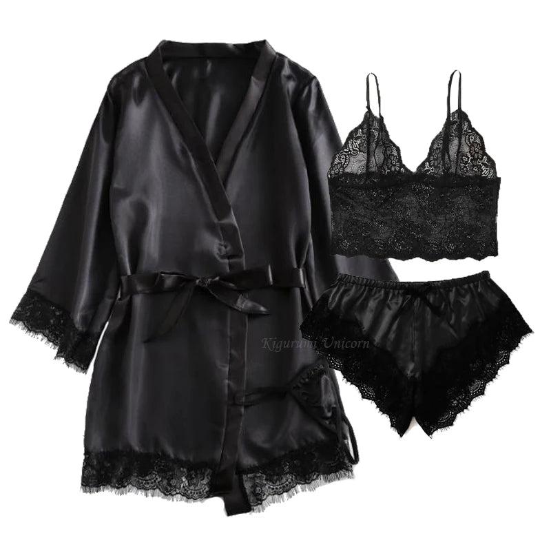 Schwarz Sexy Damen Pyjama Satin 4-teilig Spitze Seide Hosenträger Tops Shorts Robe Pyjama Set Nachthemd Unterwäsche Nachthemd Anzug