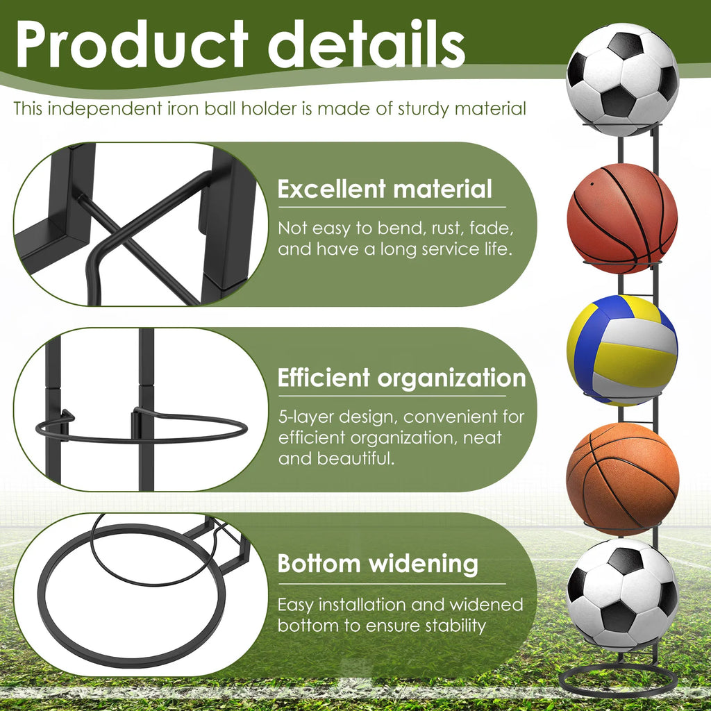5-stufiges Eisenball-Aufbewahrungsregal, vertikal, abnehmbar, für Zuhause, Innenbereich, Kinder, Basketball, Fußball, Volleyball, Ständer, Platzsparend