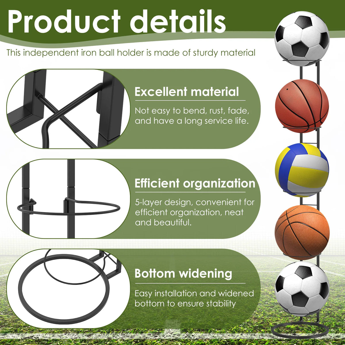 5-stufiges Eisenball-Aufbewahrungsregal, vertikal, abnehmbar, für Zuhause, Innenbereich, Kinder, Basketball, Fußball, Volleyball, Ständer, Platzsparend