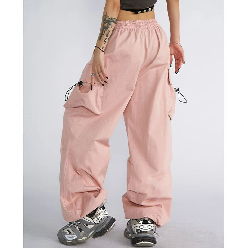 Große Größe Weibliche High Street Cargo Hosen Dame Baggy Hohe Taille Gerade Bein Hosen Mädchen Klassische Mode Kordelzug Hosen