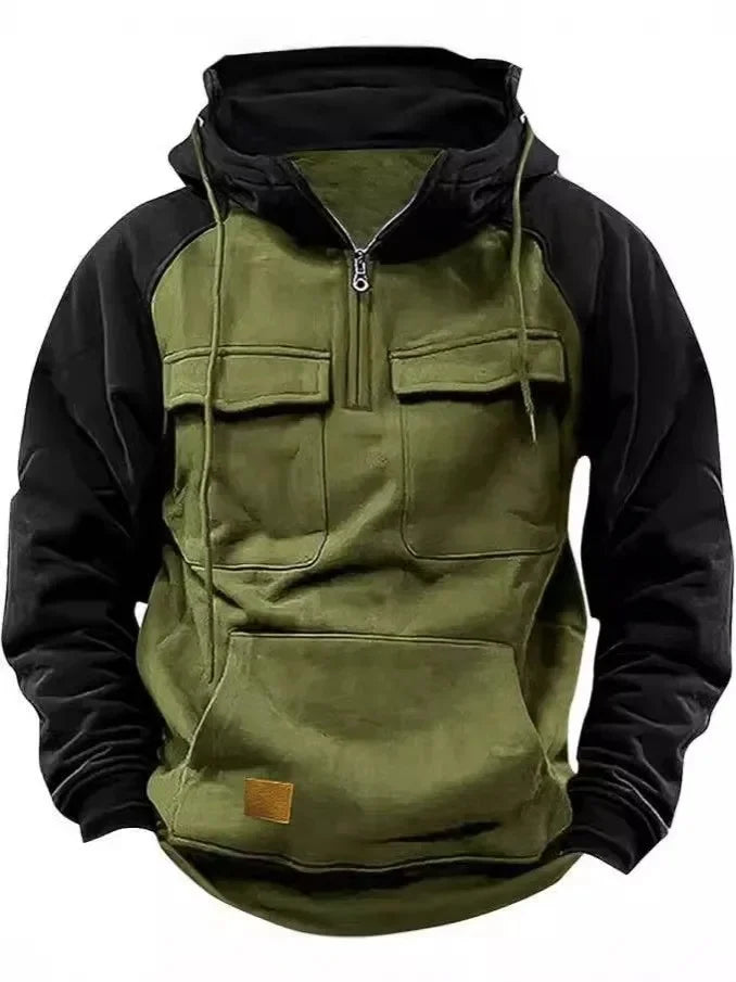 Herren Hoodie Sweatshirt Reißverschlusstaschen Arbeitskleidung Retro Farbblock Wintersport Flügelärmel Lose Passform Lässige Streetwear