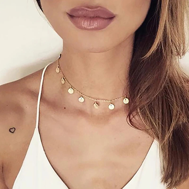 Neue Gold Farbe Pailletten Münzen Anhänger Halskette für Frauen Böhmischen Choker Halsketten Damen Hals Kurze Kette Collares Schmuck Geschenke