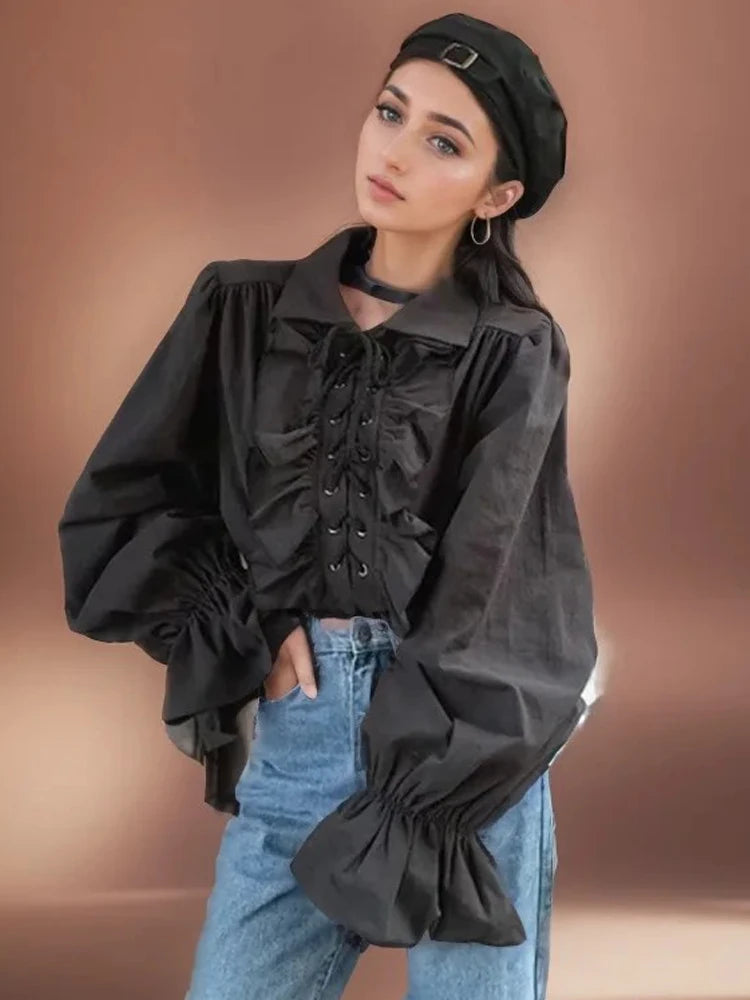Zadily 2025, Sommer-Damen-Lolita-Rüschenbesatz, Stehkragen, Hemd, Schnürung, Laternenärmel, taillierte Taille, Vintage, elegante Party-Bluse