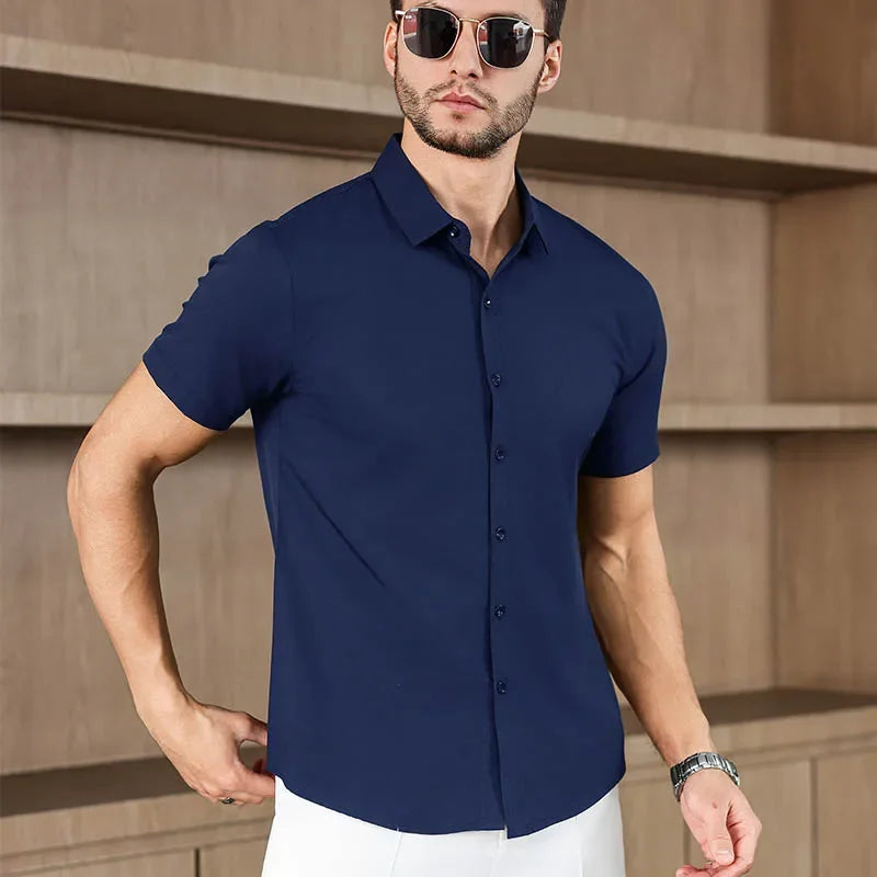 Neues Herren-Business-Casual-Hemd mit kurzen Ärmeln, einfarbig, für Sommermode, ohne Bügeln, bequemes und vielseitiges Oberteil