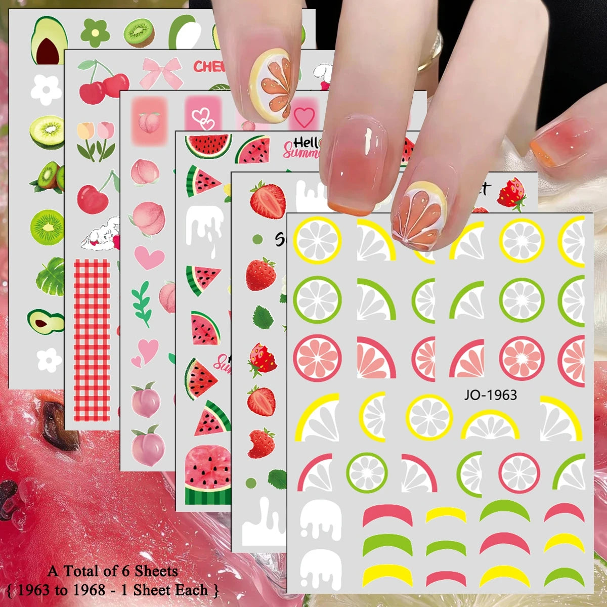 3 bis 12 Blatt 3D-Frucht-Nagelaufkleber Zitrusfrüchte Erdbeere Wassermelone Kirsche Avocado Abziehbilder Selbstklebende Sommer-French-Nagelkunst