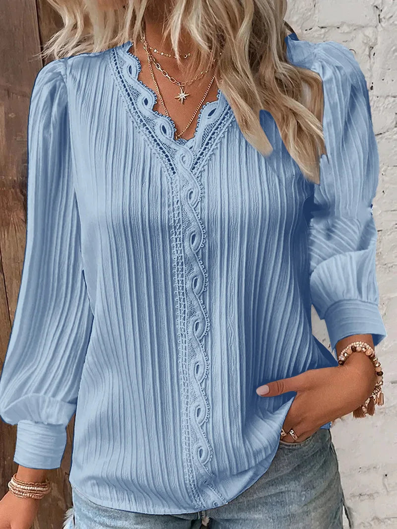 Weiße Damenblusen, Spitzennähte, V-Ausschnitt, schlichtes Chiffon-Hemd, Herbst-Langarm-Pullover, lockeres Oberteil, elegante Straßenbluse für Damen