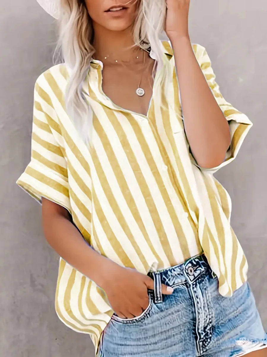 Neueste Mode Damen Sommer-Outfits Lässiges Kurzarm-Hemd mit Vertikalen Streifen Knopfleiste Umlegekragen Lose Bluse Tops