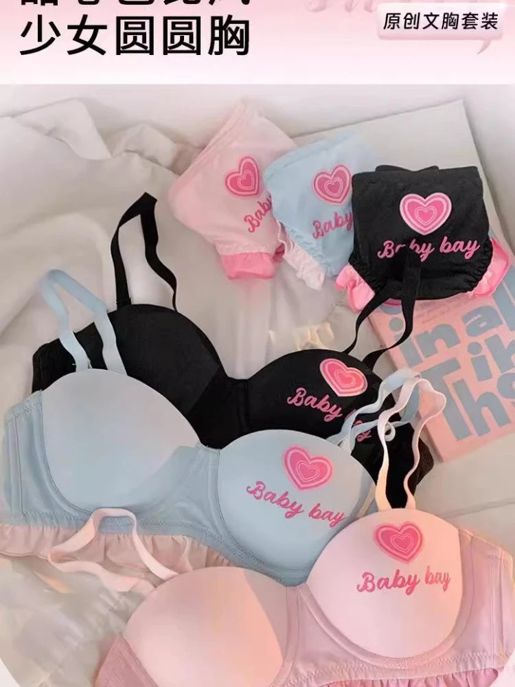 Kawaii Lolita Dessous Set Push-Up-BH, kabelloses gepolstertes Bralette für kleine Brust, süßes BH- und Höschenset im Barbie-Puppenstil MOYISU