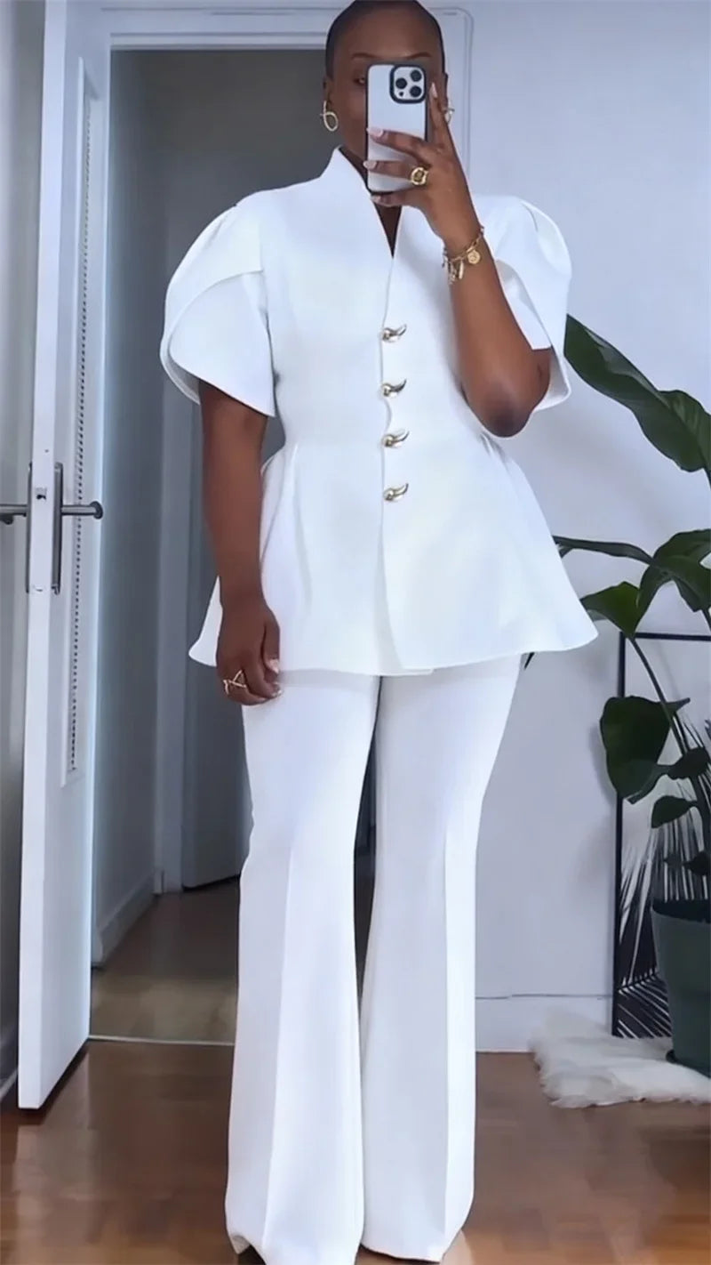 Vintage Elegante Zwei Stück Set Frauen Passenden Sets Büro Dame einreiher Puff Sleeve Blazer Mantel und Breite Bein Hosen anzüge