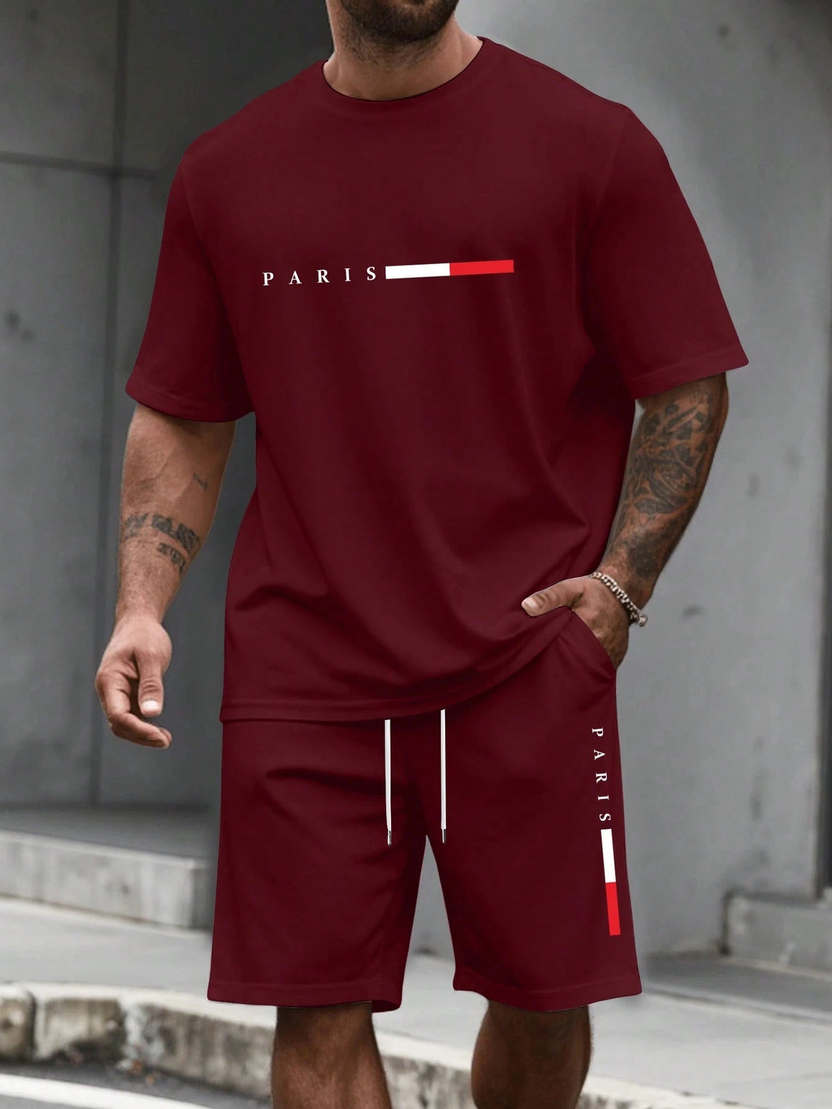 Paris-Buchstaben-Print Herren Frühling und Sommer Zweiteiler Set Lässiger Rundhals Kurzarm T-Shirt Shorts Sportanzug Bedruckte Kleidung