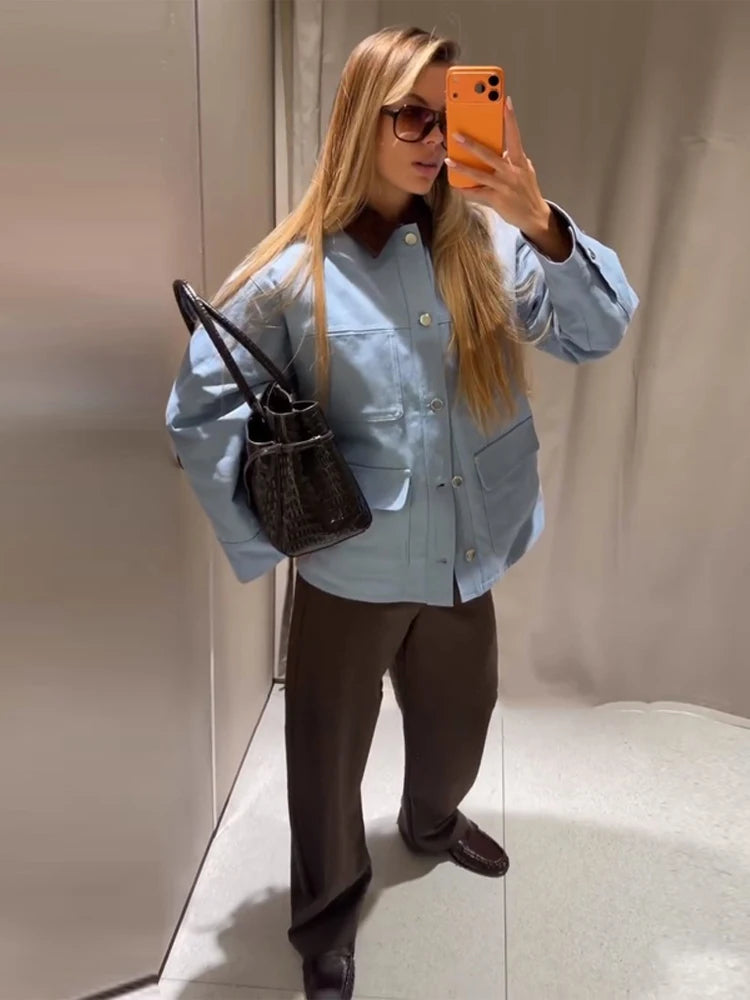 Lässige Blaue Jacke mit Mehreren Aufgesetzten Taschen für Damen, Cordkragen, Einreihiger Mantel, Schicker Street-Style, Frühlingsjacke