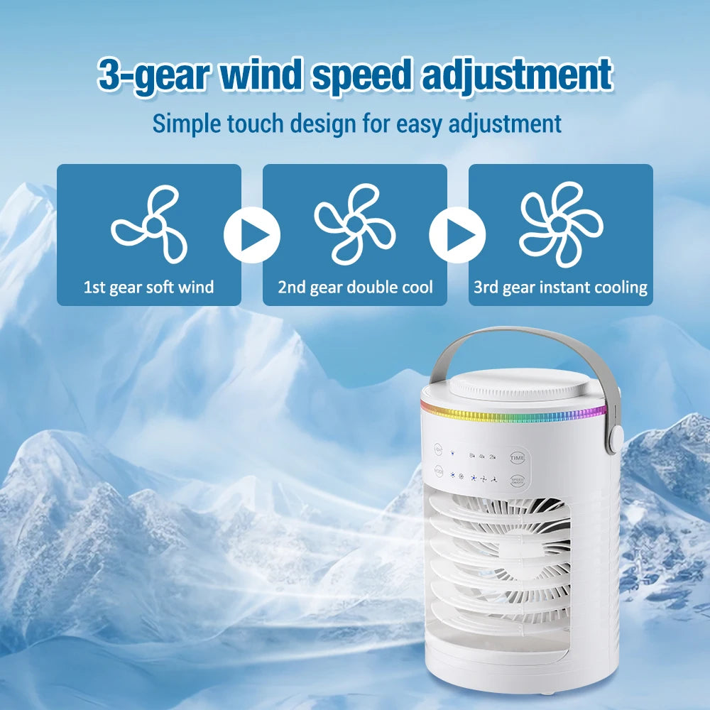 Tragbarer 3-Gang-Klimaanlagen-Ventilator mit USB-Anschluss, 7 Farblichtern, Luftkühler, Wasserkühlung, für Zuhause und Büro