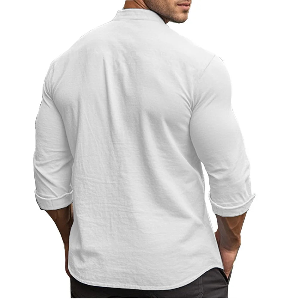 Henry-Hemden für Herren, Baumwolle, Leinen, schmale Passform, kausal, hawaiianisch, einfarbig, Basic-Stil, Frühling und Sommer, atmungsaktive Herrenbekleidung