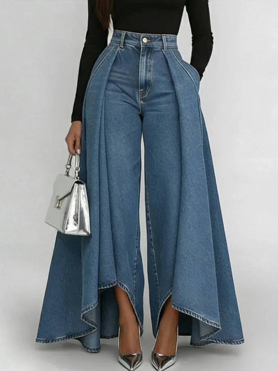 Damen-Jeans mit hoher Taille und weitem Bein, Overlay-Flare-Denim-Hose mit Taschen für Damen, elegante, modische lange Jeans im High-Street-Stil