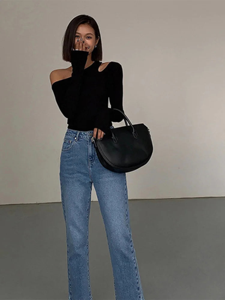 Mode Skew Kragen Off-schulter Lange-ärmeln T-shirts Frauen Frühjahr Neue Solide Slim Fit Crop Top Sexy Aushöhlen tees Shirts