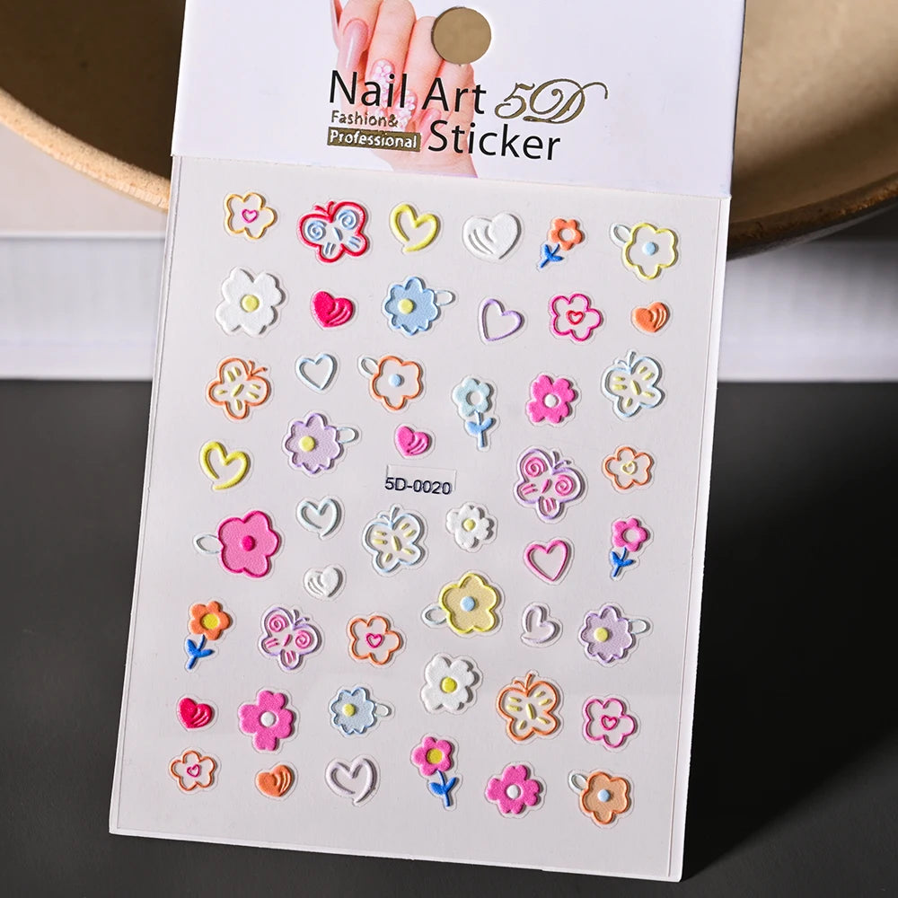 1Pc 5D Geprägte Kawaii Floral Schmetterling Nagel Aufkleber 3D Cartoon Bogen Kaninchen Erdbeere Klebe Aufkleber Urlaub Nagel Sliders