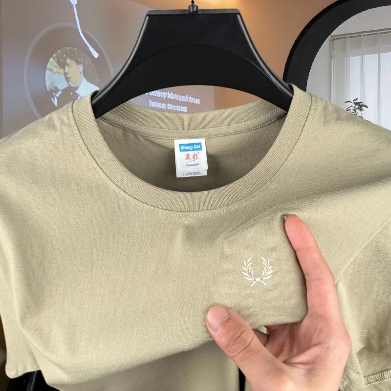 100% reine Baumwolle, hochwertiges Marken-Herren-T-Shirt mit Rundhalsausschnitt und kurzen Ärmeln, Sommermode, luxuriöses Weizen-Stickerei-Design, lässiges T-Shirt