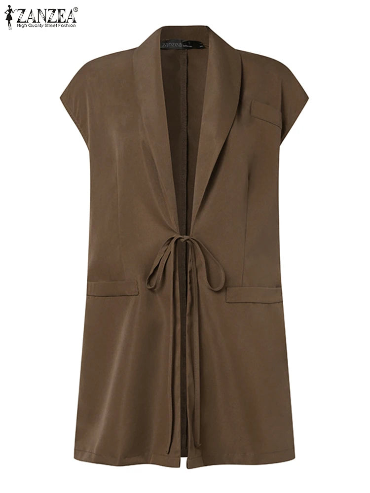 Zanzea übergroße Out wears 2024 Frauen ärmellose Weste Mode Revers Kragen Weste elegante Schnürung Blazer koreanische Tank Jacken
