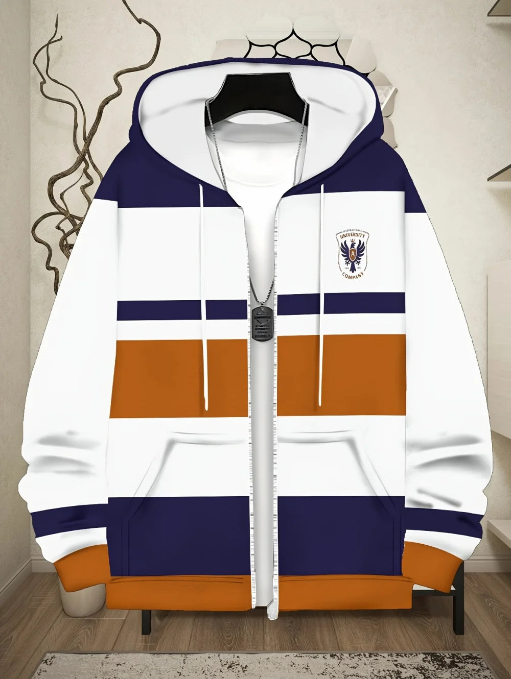 Lässiges, gestreiftes Herren-Sweatshirt mit Kapuze und durchgehendem Reißverschluss, Outdoor-Kleidung, glatte Kapuzentaschen mit Kordelzug, einfache gestreifte Sportbekleidung für Herren