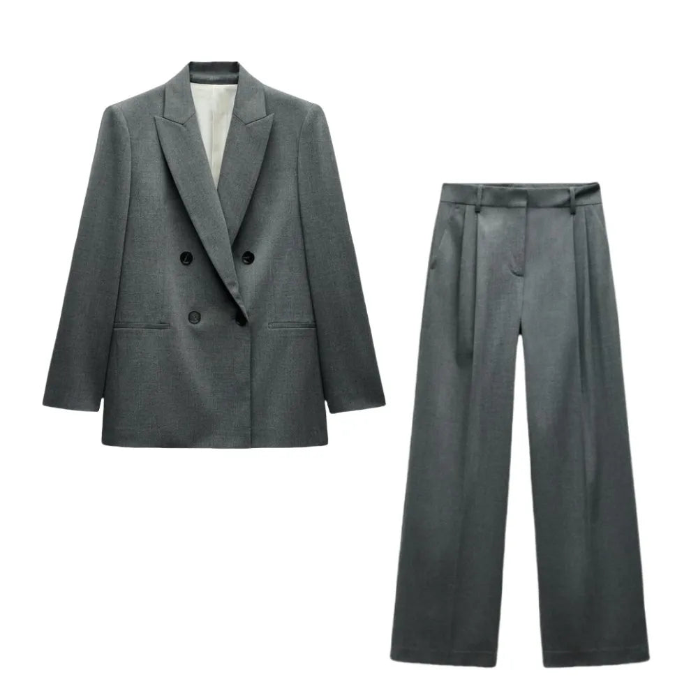 ETJ 2025 Frühjahrsneues Anzugset für Damen mit schultergepolstertem Zweireiher-Blazer und hoch taillierter, plissierter Hose mit weitem Bein