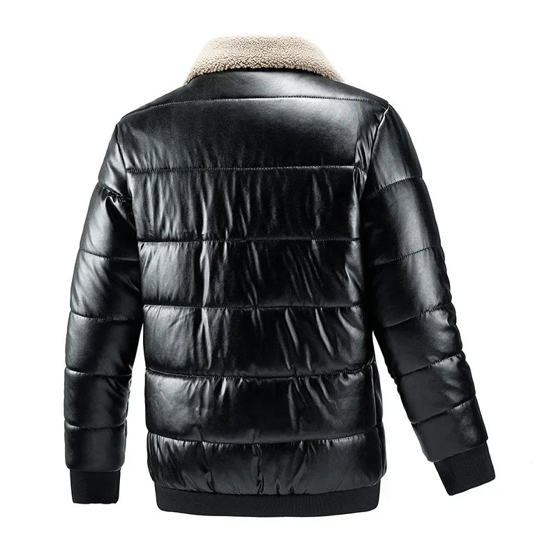 Verdickte PU-Lederjacke Herren Lammfellkragen Bikerjacke Baumwollmantel Motorradstil Casual Oberbekleidung Herrenjacke