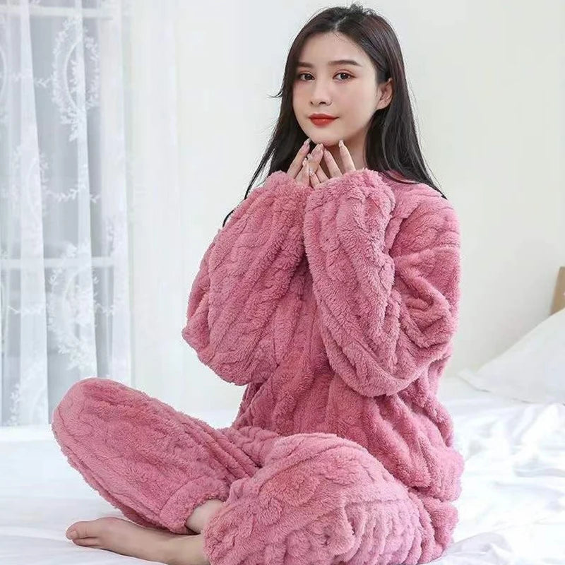 Herbst Frauen Feste Warme 2 Stück Sets Verdicken Samt Rippen Fleece Set Pullover Und Hosen Frauen Casual Pyjama Sets 2023